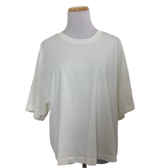 Old Navy Pearl Embellished Sleeve T Shirt Women’s XL White Boxy 100% Cotton - Picture 1 of 14